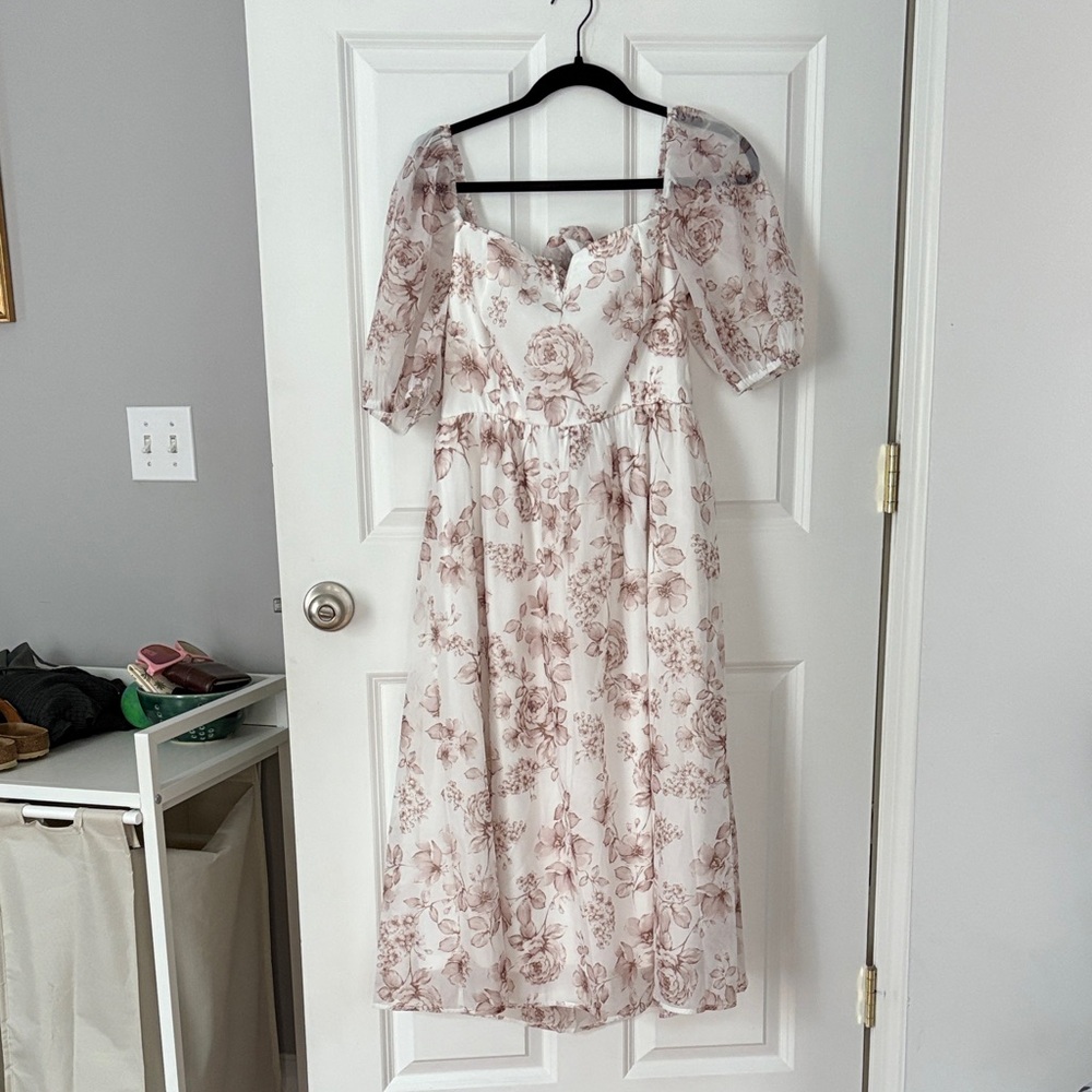 Francesca's Collections White and Pink Floral Midi Dress